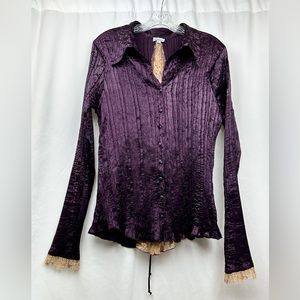 Vintage Komarov Lace Trimmed Crinkle Pleated Corset Back Button Up Blouse Size L